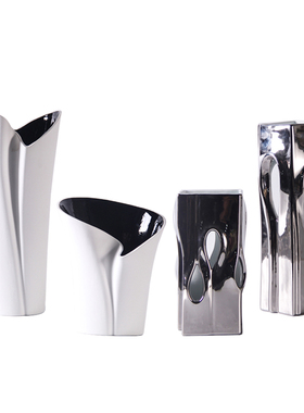 现代极简约家居电镀银陶瓷镂空花瓶摆件样板间客T厅白色插花器装