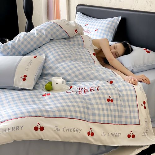 蜜尔小清新樱桃夏季100支天丝四件套裸睡公N主风被套冰凉床上用品