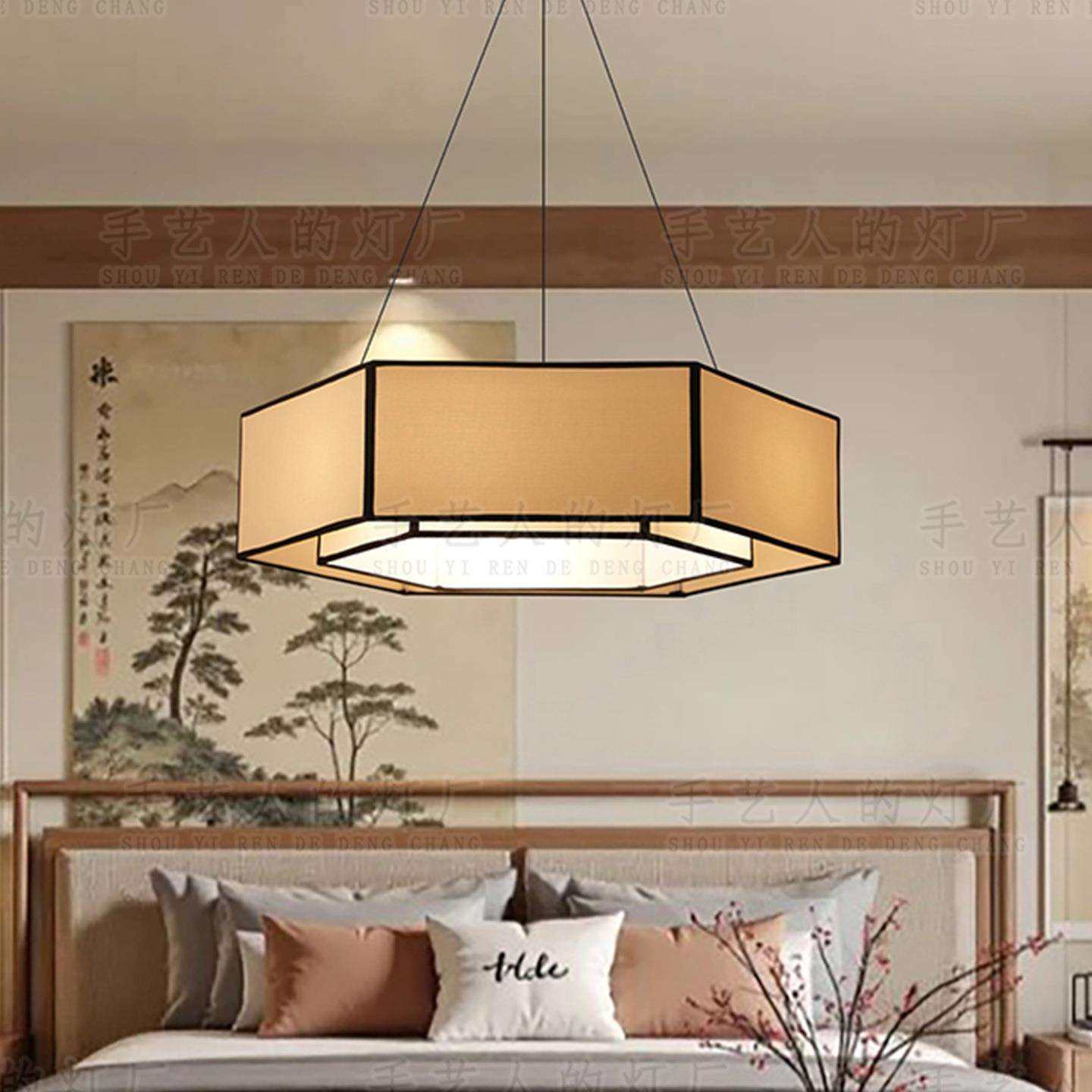 新中式卧室吊灯宋代美学禅意创意灯饰中国风简约几何设计布艺灯具,电子元器件市场,其它元器件,淘宝优惠券,粉丝福利购,淘宝优惠卷