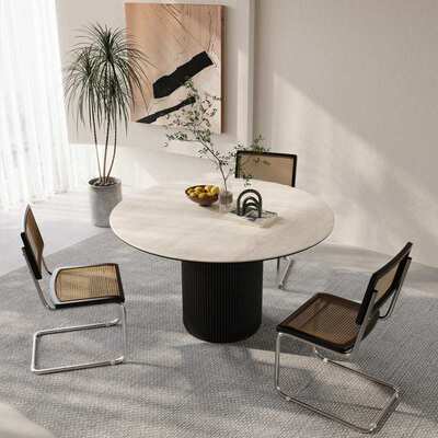 米阿巴北欧实木圆形餐桌小户型咖啡桌意式极简洞石岩板诧寂风餐桌