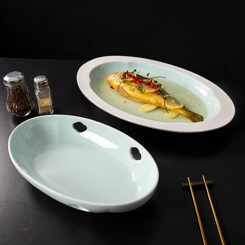 明月如意旦形陶瓷鱼盘加热炉餐具酒店创意特色干锅明炉大号鱼头盘