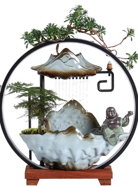 礼意流水喷泉招财生财摆件灯圈流倒香办公室装饰玄关客厅开业禅品