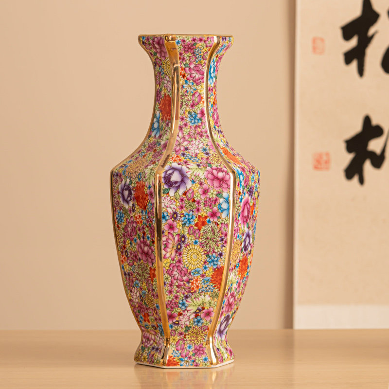 花德镇珐琅彩万花陶瓷花瓶电廷风景器家居博古架宫视柜书桌面摆件