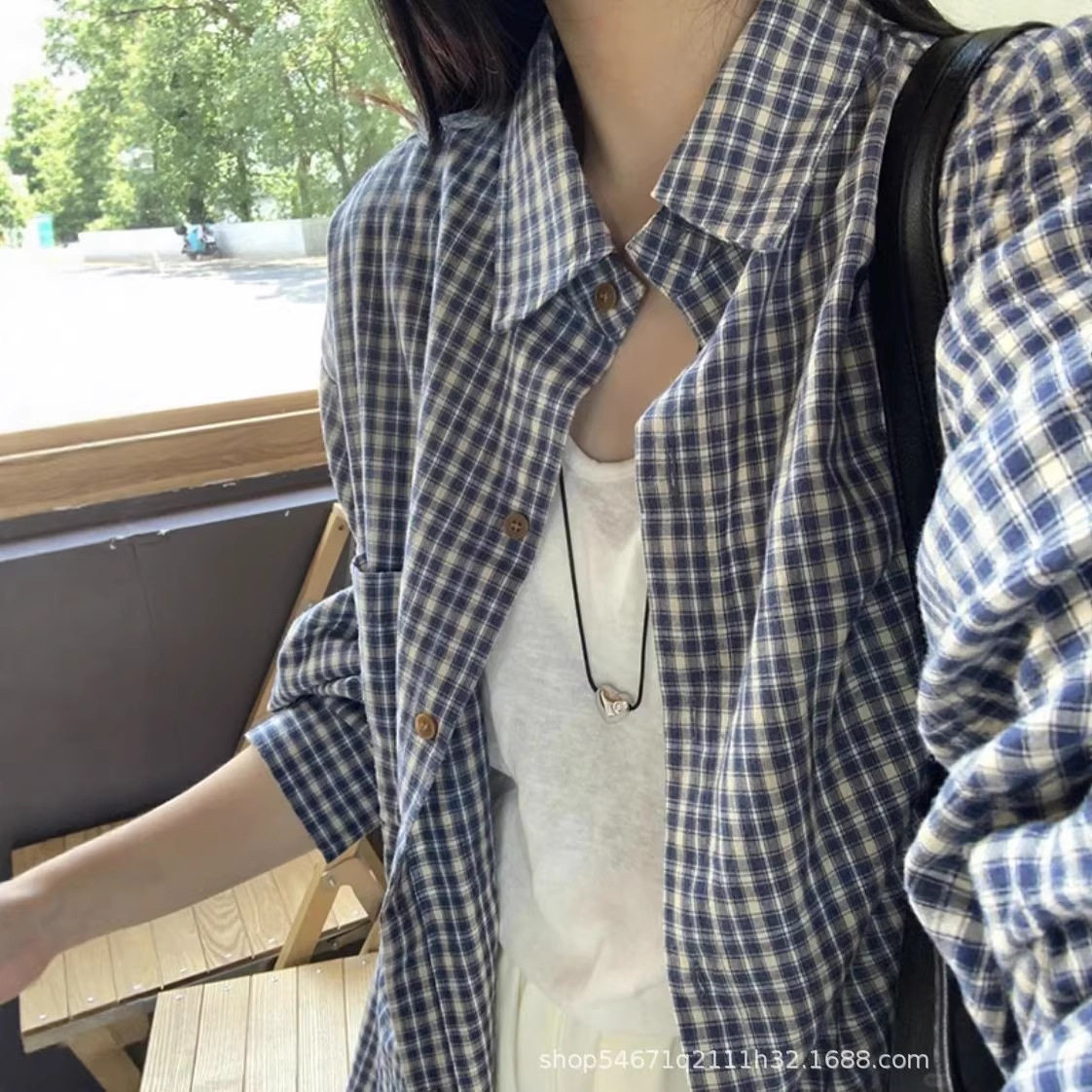 韩版新款百搭蓝色衬衣格子长袖格纹慵懒休闲宽松防晒外搭衬衫上衣