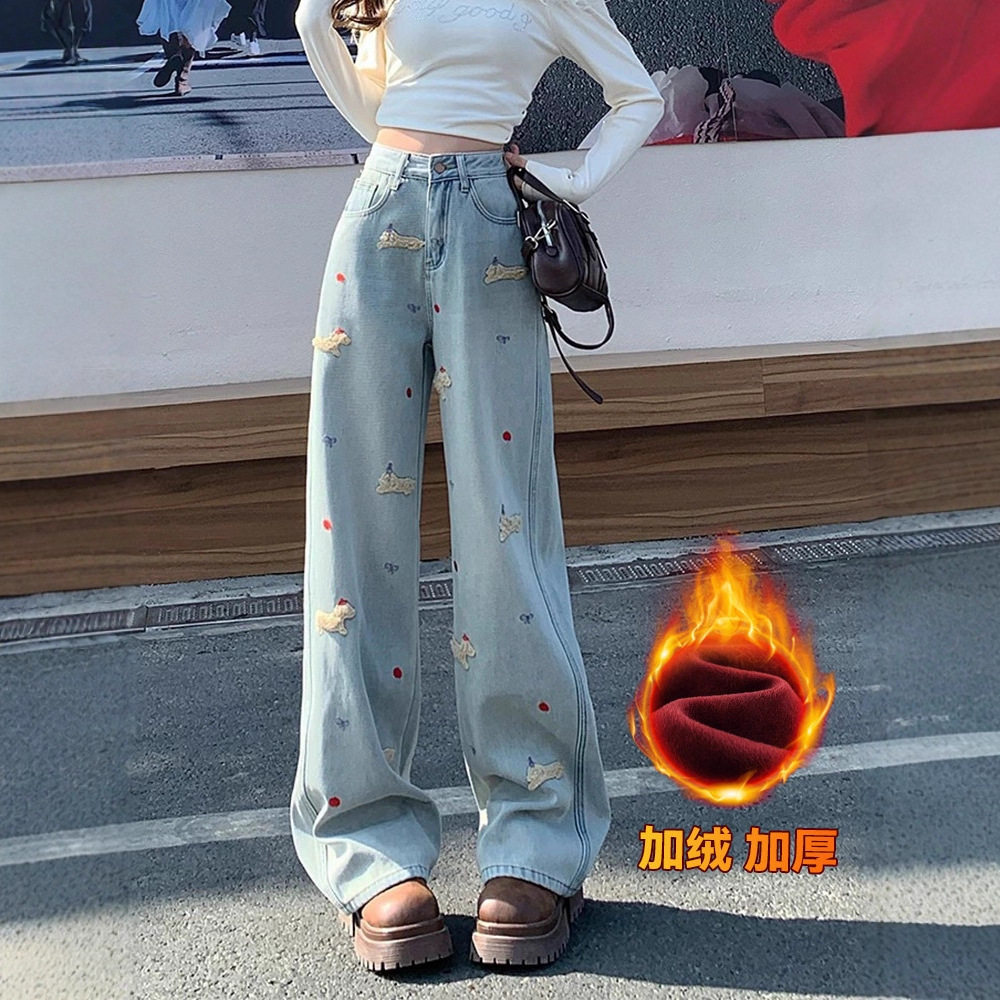 【秋冬】加绒加厚保暖拖地腊肠狗窄版刺绣直筒牛仔裤女小个子裤子