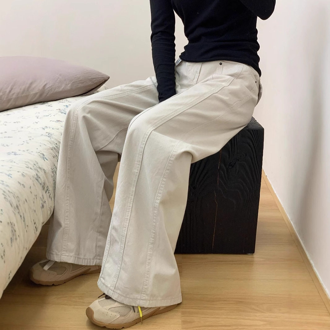 高腰显瘦阔腿工装牛仔沙白女裤