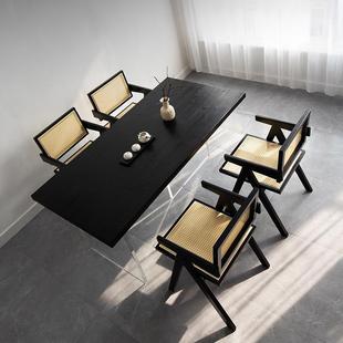 黑色碳化实木餐桌现代简约透明亚克力大板桌设计师书桌工作台