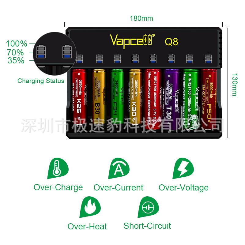 VAPCELLQ81A充电器双槽智能镍氢/锂离子8槽电池充电器18650型号