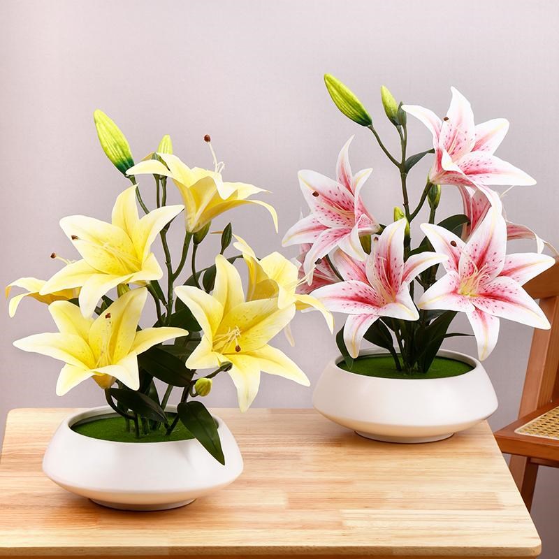 高级感仿真百合花插花摆件家居客厅电视柜餐边柜装饰假花摆设花
