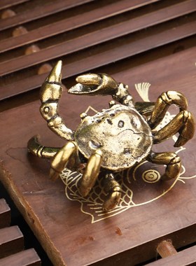 纯铜八方来财金钱螃蟹摆件 黄铜横财将军 招财聚财家居工艺品