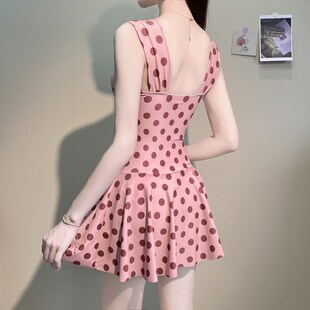 复古泳衣女夏2024新款 连体遮肉显瘦微胖波点聚拢钢托平角保守泳装