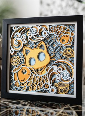 梯木叠雕招财猫创意玄关客厅装饰品摆件高级感小众乔迁礼品工艺品