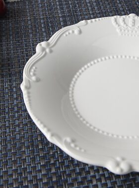 欧式浮雕西餐牛排盘子餐饮用具纯白家用陶瓷汤盘8寸深盘点心菜盘