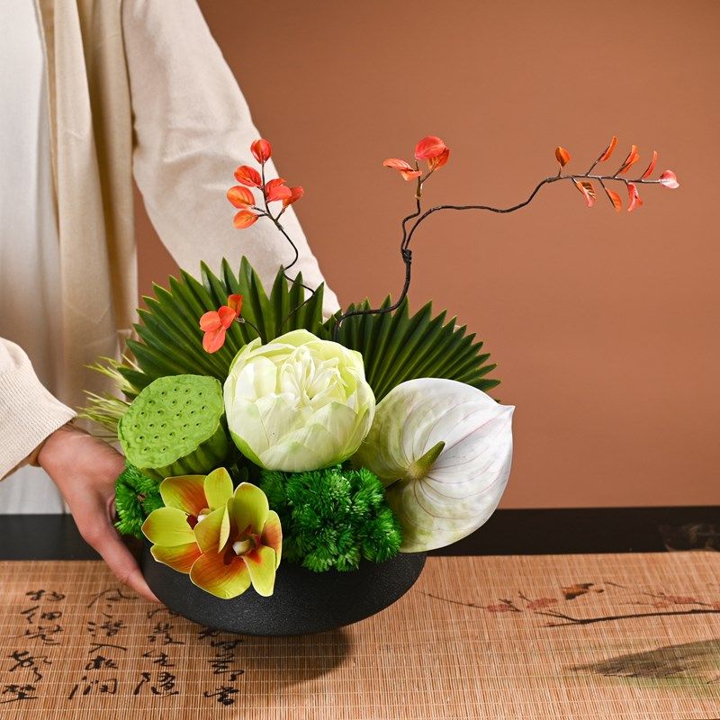 仿真莲花摆件佛卉荷花摆设装饰花台仿真花台档摆花餐高高端摆花