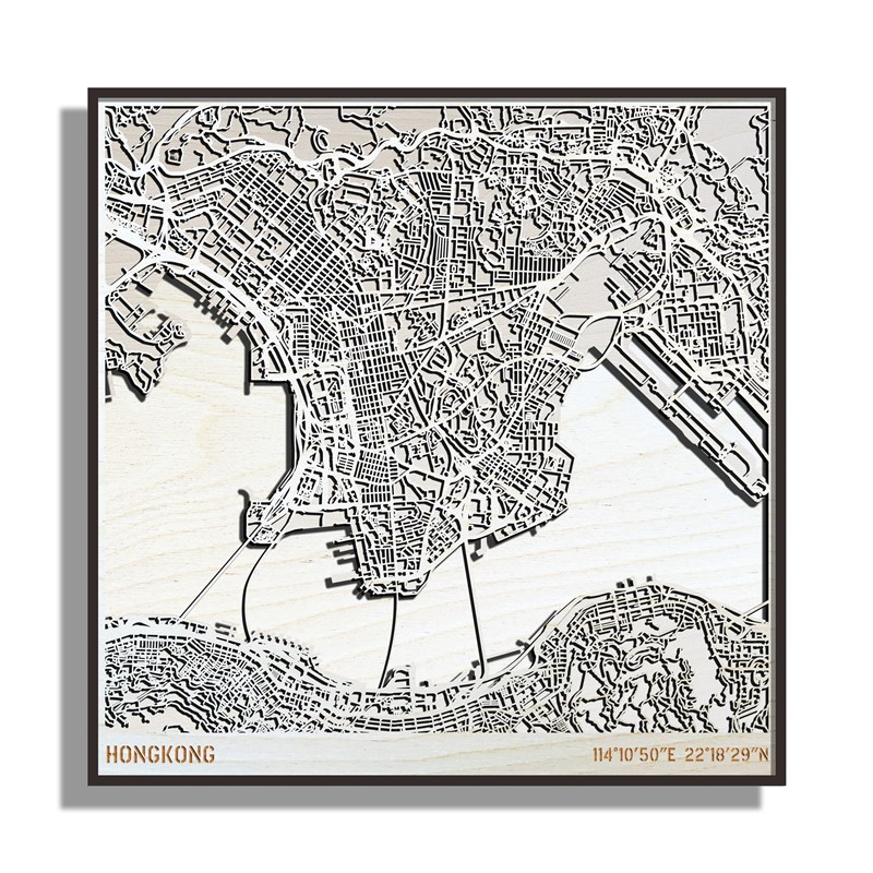 3D木质城市地图木创木雕个性化装饰摆挂件壁画墙画计制设原香港