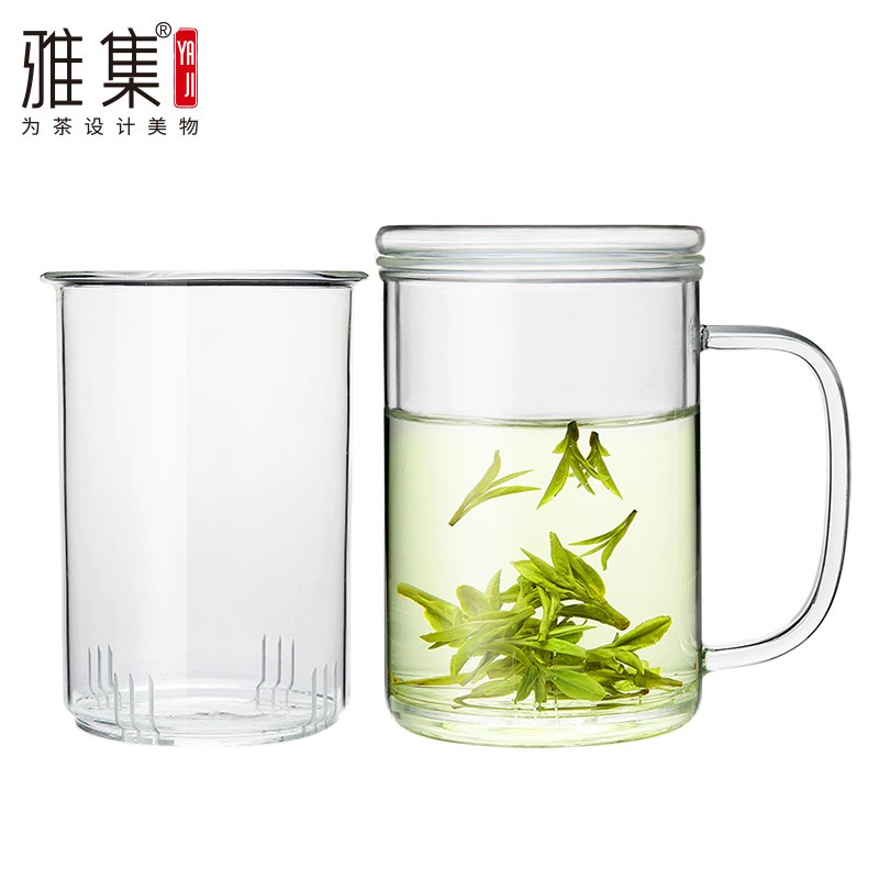 雅集直觉杯印花款玻璃杯办公室水杯子带盖男女士过滤花茶杯大容量图片