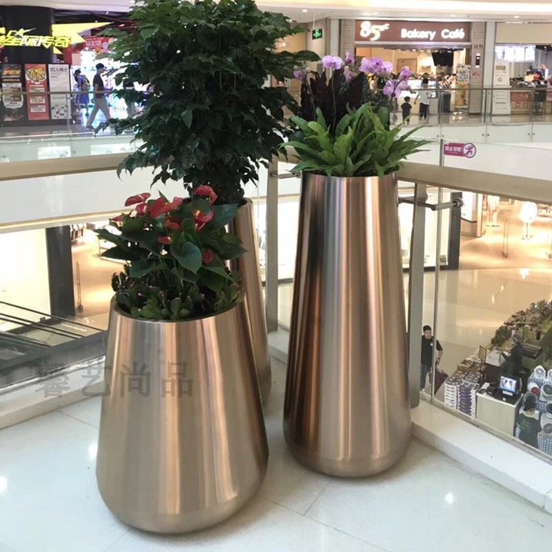 不锈钢花盆 金属烤漆花瓶 摆件 现代装饰 绿植落地鼓形花器