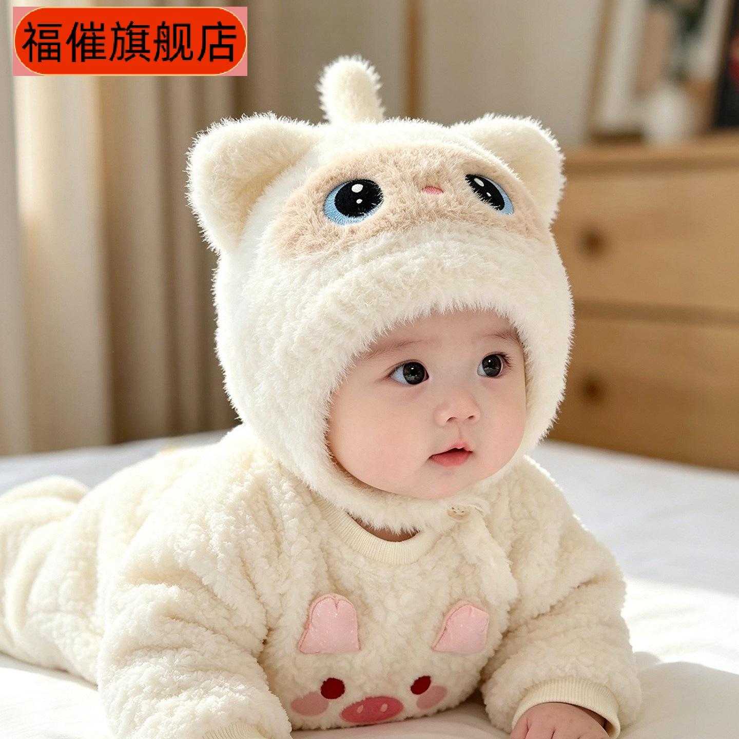 秋冬季可爱婴儿加厚毛绒护耳男女