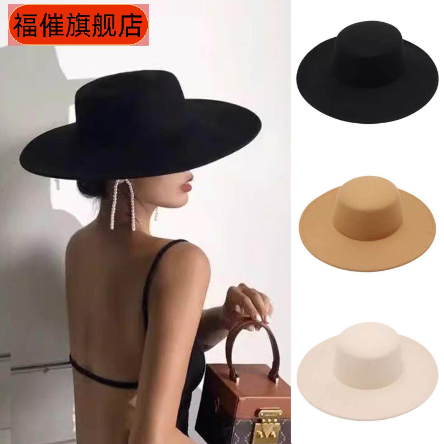 秋冬女平顶毛呢礼帽大帽檐爵士风