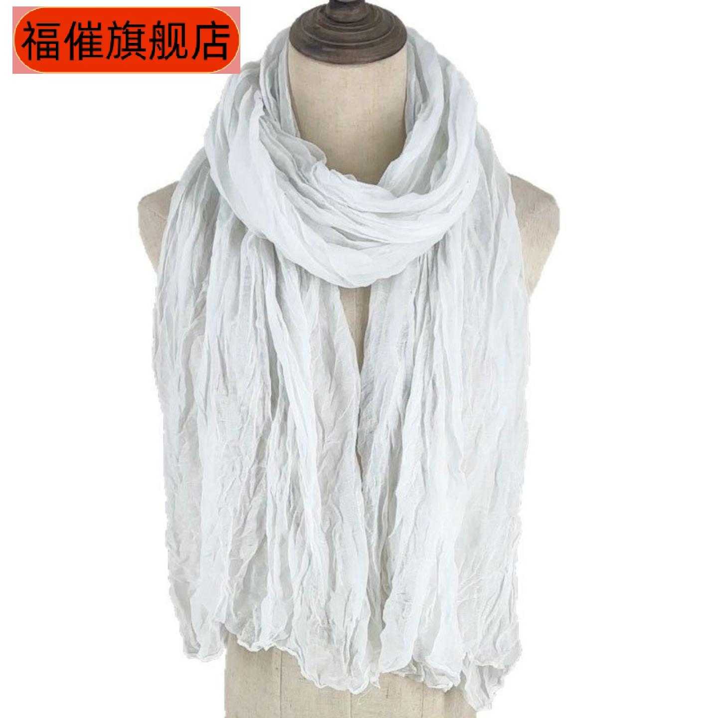 出口热销纯色压皱围巾女文艺休闲棉麻领巾百搭护颈围脖防晒丝巾