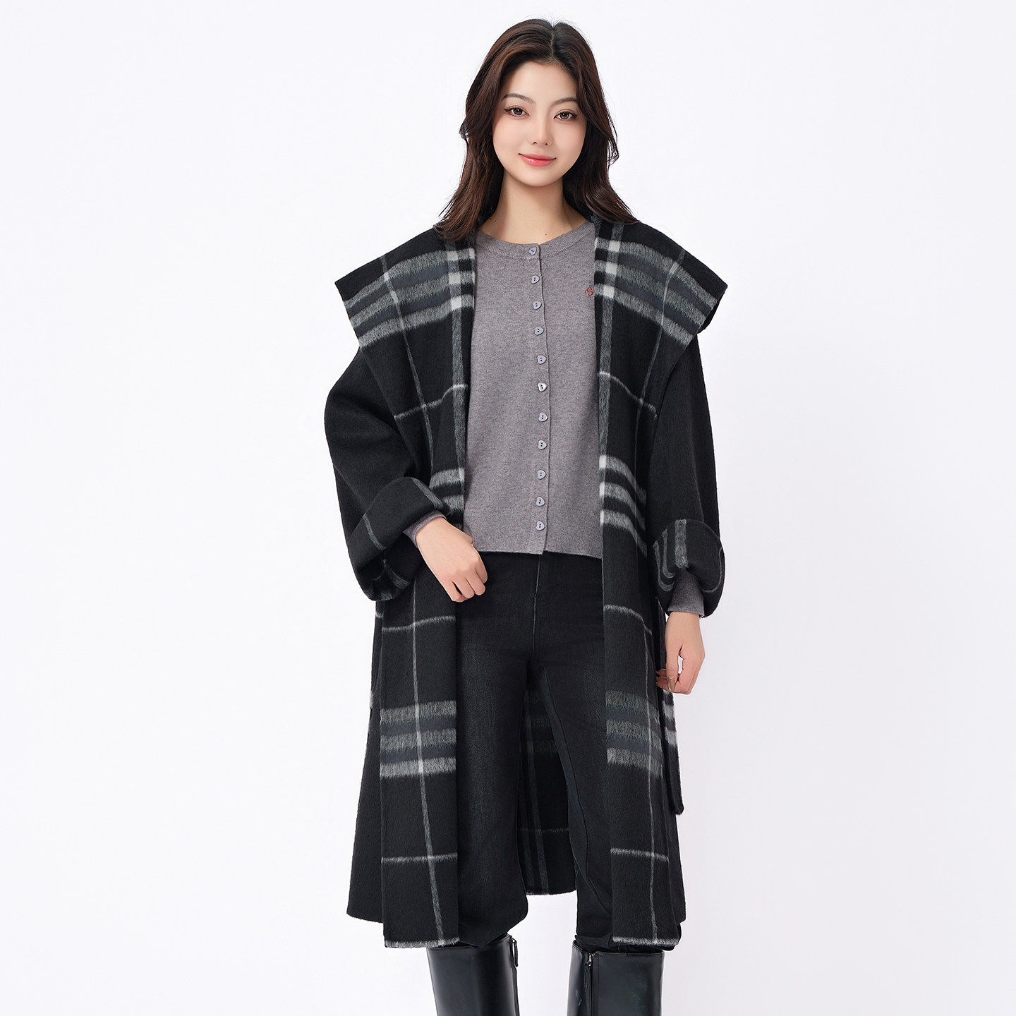 阅涵2026春季呢子大衣长袖羊毛穿搭中长款格子连帽毛呢外套