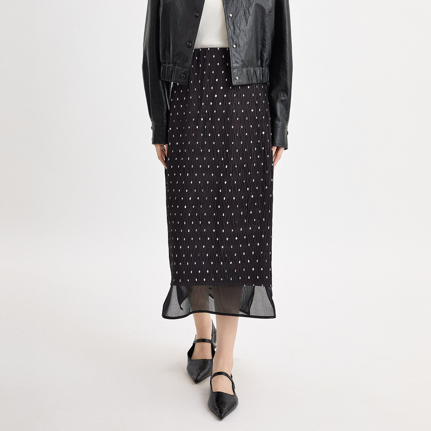 阅涵雪纺波点半身裙女2026春季中长款两侧开叉包臀显瘦直筒裙