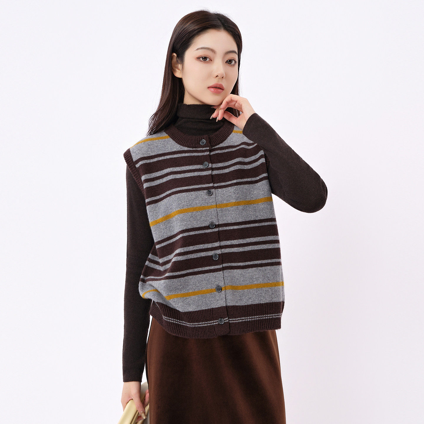 阅涵2026春季时尚毛衣两件套堆堆领打底衫针织开衫马甲背心女