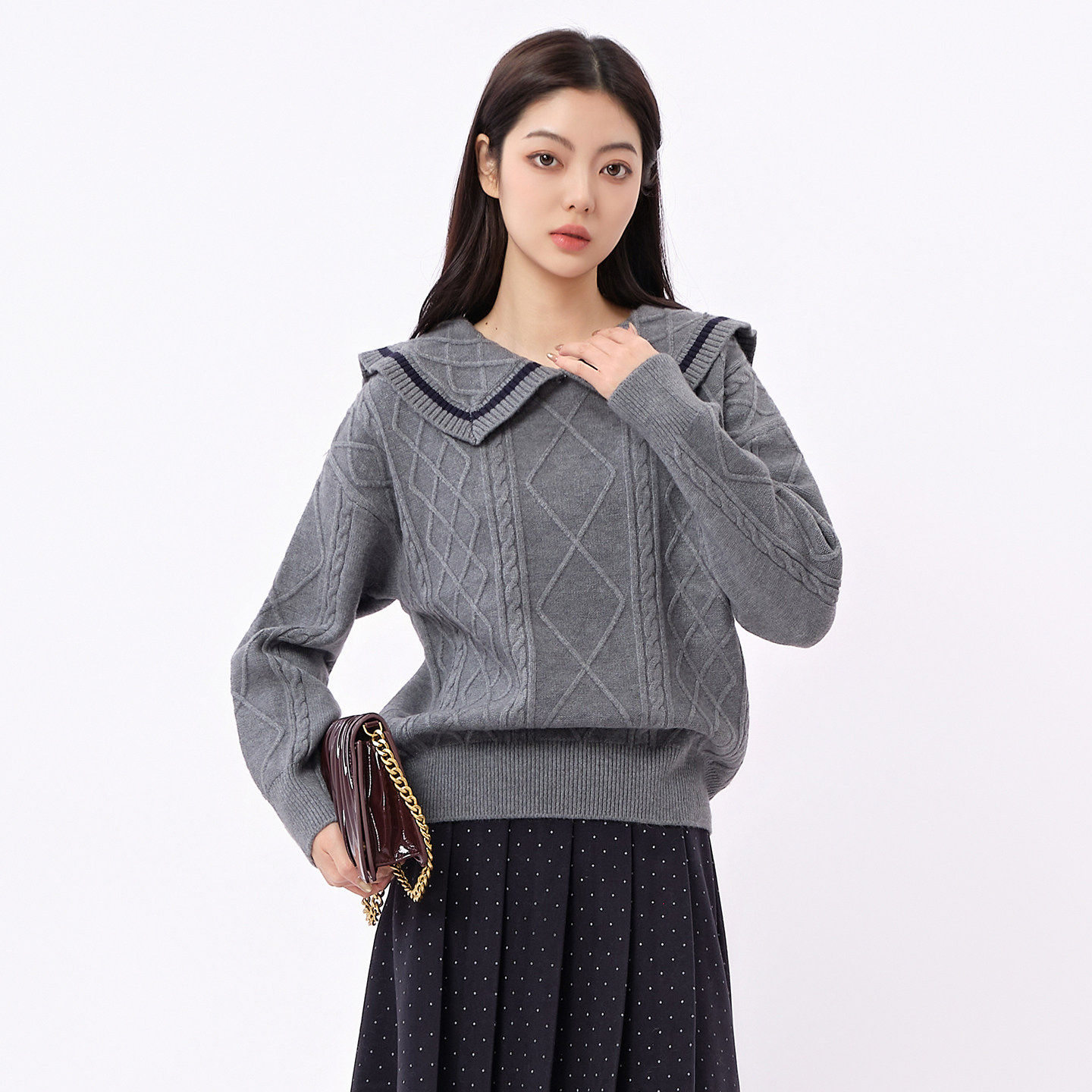 阅涵2026春季新款娃娃领针织衫小个子慵懒风上衣加厚长袖毛衣