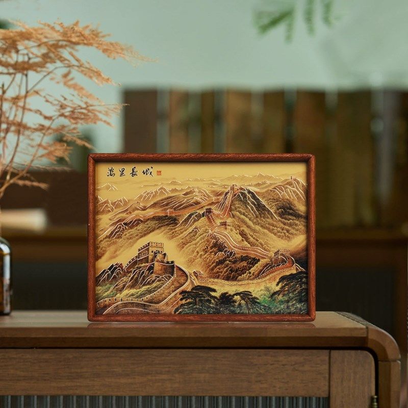 金色万里长城铜雕画桌面摆件办公室靠山图山水装饰画摆台