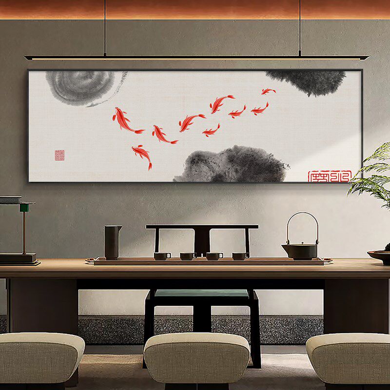 九鱼图水沙装饰画客带墨发横幅挂画玄关寓意好竖版长条壁画厅框画