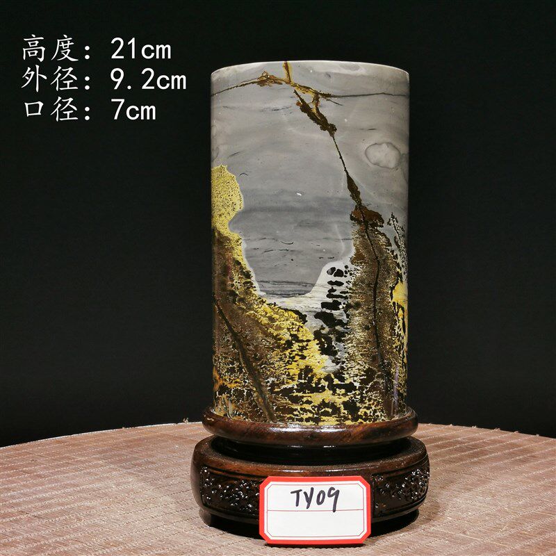 内有多款大号草花石国画石奇石工艺品黑檀木旋转底座圆柱笔筒毛笔