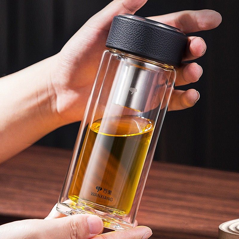 万象双层玻璃杯 水杯子茶杯 v20v21带滤网送杯套透明防漏刻字定制