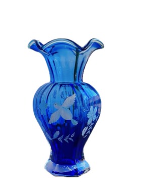 手工花瓣口大肚手绘花鸟璃顿花瓶水培蓝色琉居插花器家芬装饰摆件