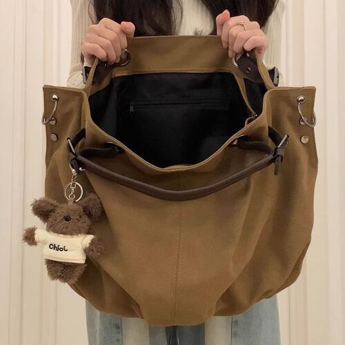 美式复古工装帆布托特包包女2025新款大容量多口袋通勤单肩斜挎包