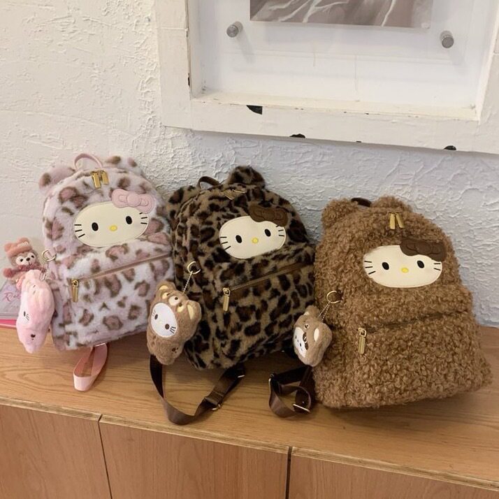 韩版ins卡通可爱凯蒂猫双肩包女大容量豹纹毛绒时尚百搭手提背包