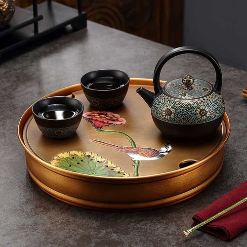 金芝达手彩纯黄铜干泡茶台家用储水式功夫茶盘圆形茶托盘中式茶海
