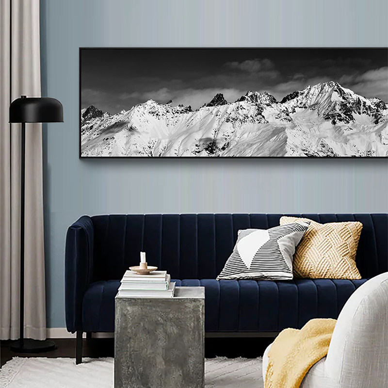 雪山风景摄影黑白画创意装饰画床头背景画挂画客厅壁画现代艺术画