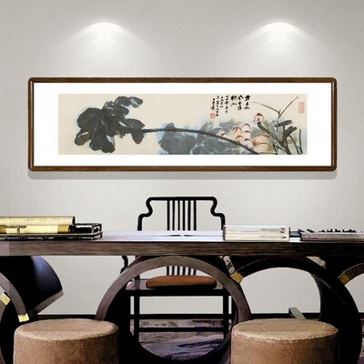 张大千荷花图客厅背景墙装饰画书房卧室餐厅横版挂画办公室水墨画
