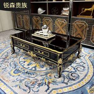 锐森贵族法式实木大茶几欧式长方形实木雕刻双层茶台客厅家具