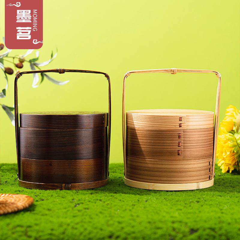 工厂木制手提篮家用分层鲜果盒复古日式糕点盒子餐具
