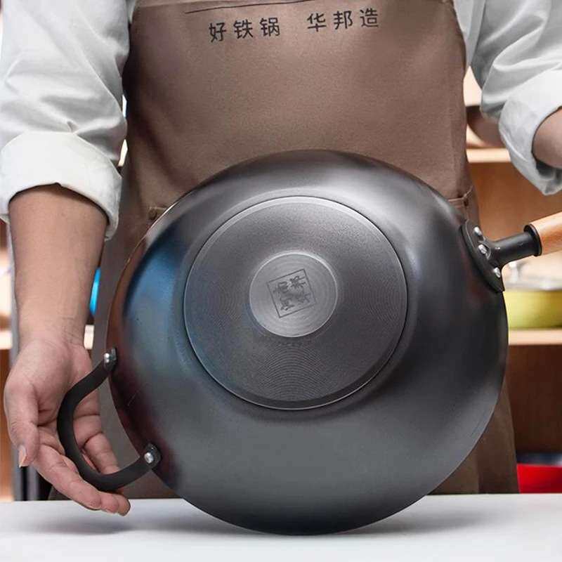 华邦华美铸铁炒锅无涂层老式家用炒菜锅圆底平底老式生铁锅轻型锅