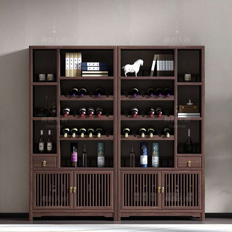 新中式家具实木酒架红酒柜榆木博古酒庄酒窖带灯展示架隔断柜