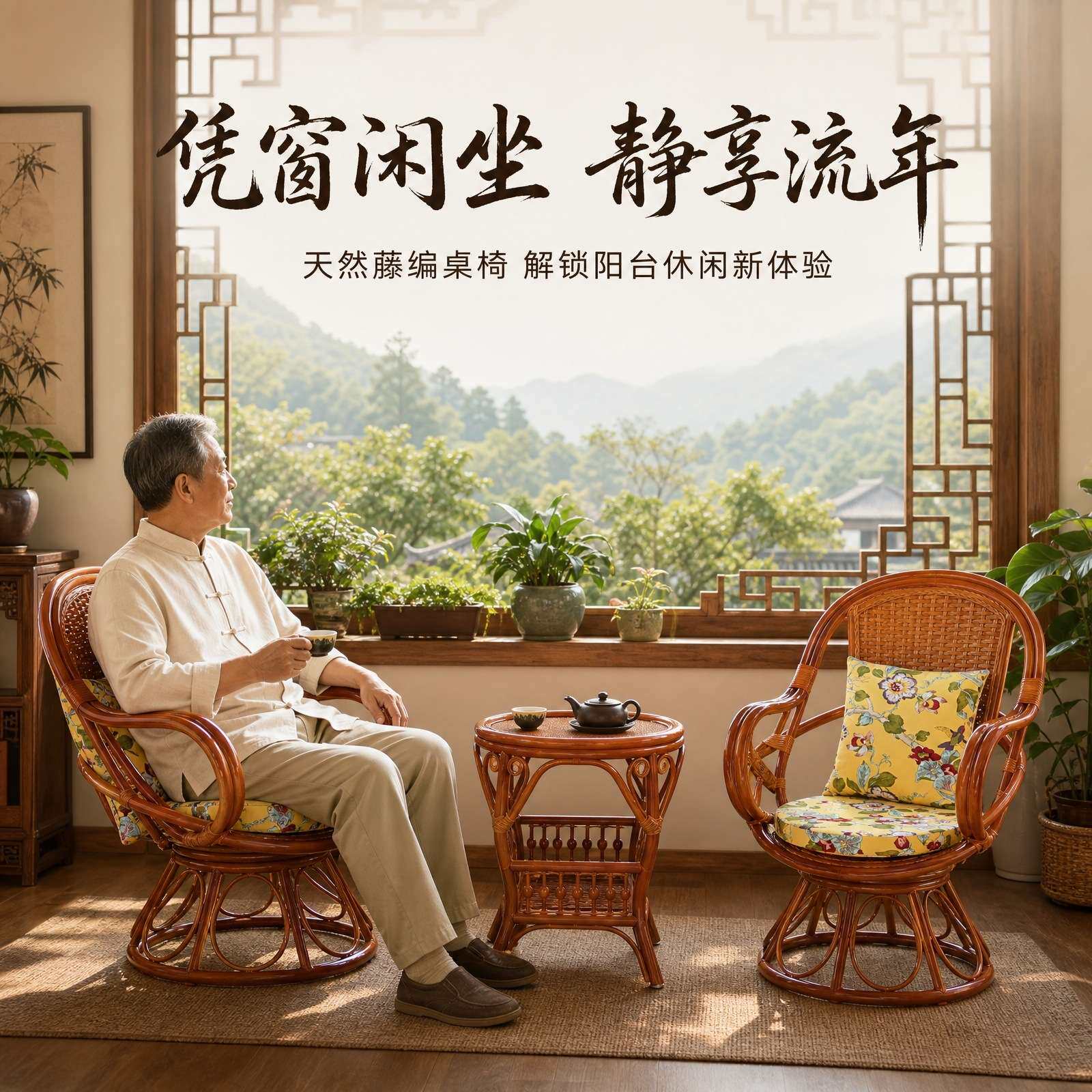 古典茶几藤椅家用客厅单人靠背椅休闲三件套真藤椅子茶几高背转椅