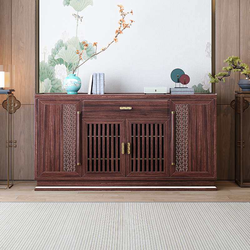 新中式乌金木实木岩板餐边柜大小户型餐厅家用入户靠墙隔断储物柜