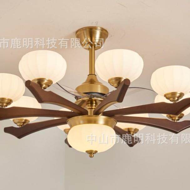 全铜中古风橡胶木风扇灯美式复古简约客厅卧室复式楼装饰风扇灯灯