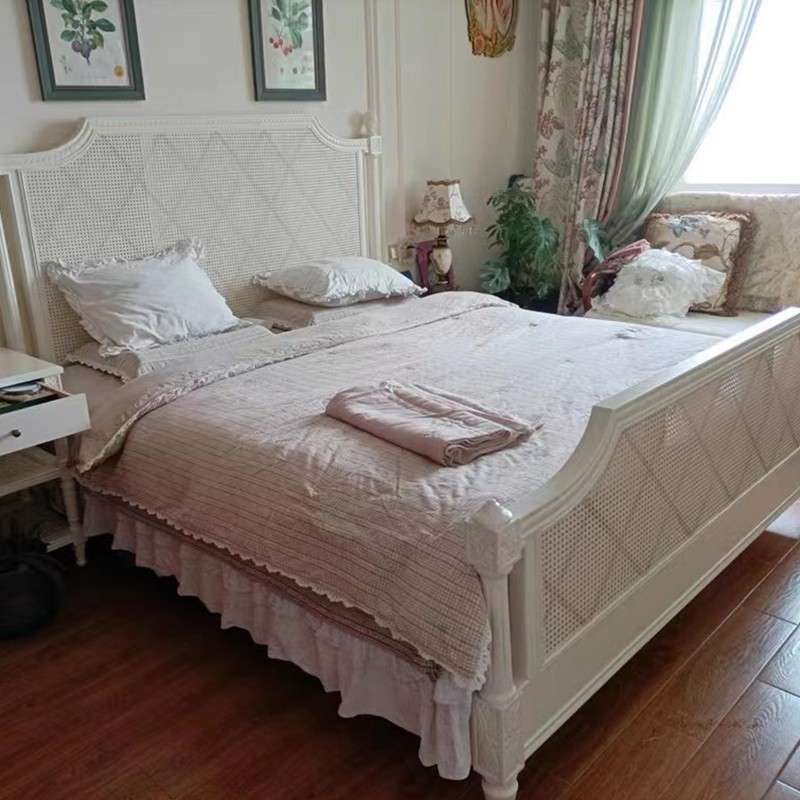 法式复古做旧藤编床欧式实木雕花主卧双人公主床美式乡村婚床仿古