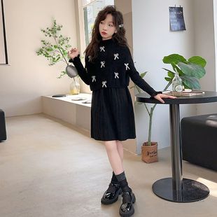 2025新款女童红色针织连衣裙秋冬时髦洋气中大童马甲背心两件