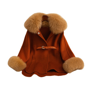 2025新款羊毛双面羊绒大衣女童儿童腰带狐狸毛领呢外套冬季中