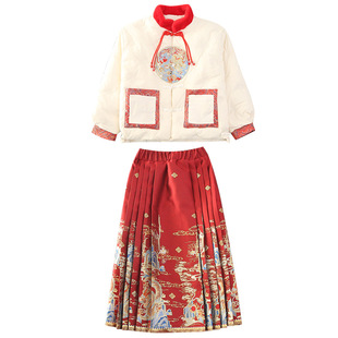 2025新款女童中国风马面裙套装汉服大童冬季白鸭羽绒服红色拜