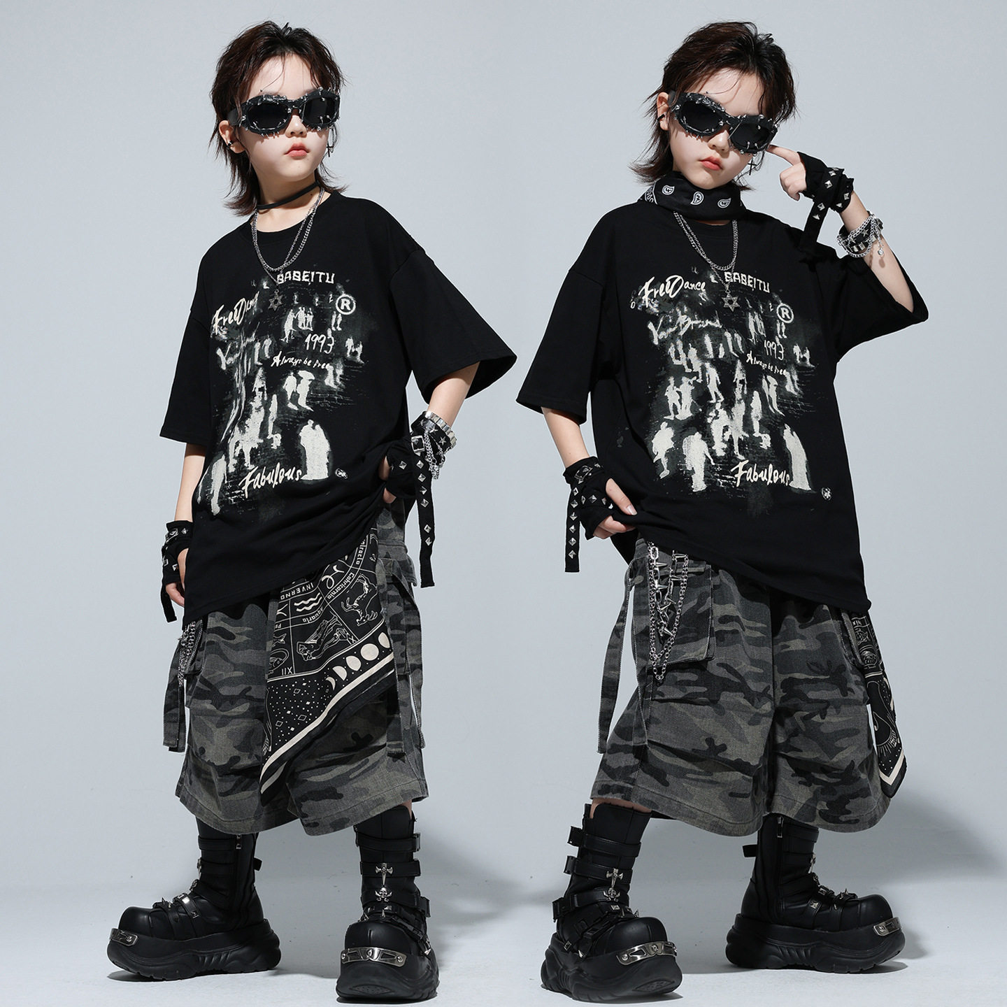 2026新款街舞儿童潮服男孩hiphop舞蹈迷彩嘻哈架子鼓演出服
